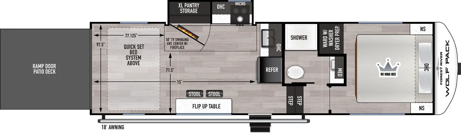The Wolf Pack 275PACK15 floorplan is a toy hauler that has one entry and one slide out. Exterior features include: fiberglass exterior and 18' awning. Interiors features include: front bedroom.